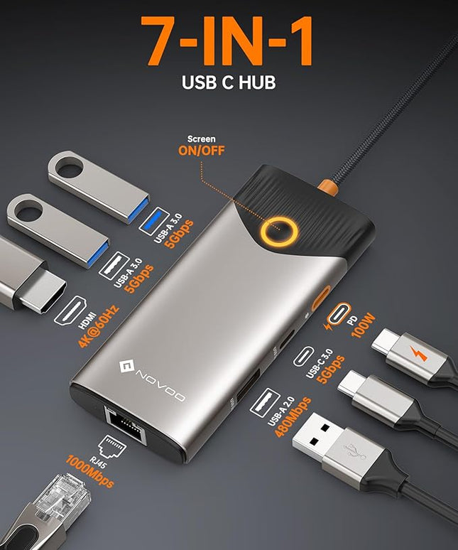NOVOO USB C Hub Ethernet 4K@60 USB C HDMI Adapter Multiport Type C Adapter, 100W PD, 5Gbps USB-A/C Data Ports Docking Station Compatible for MacBook/iPhone/Dell/HP/Surface