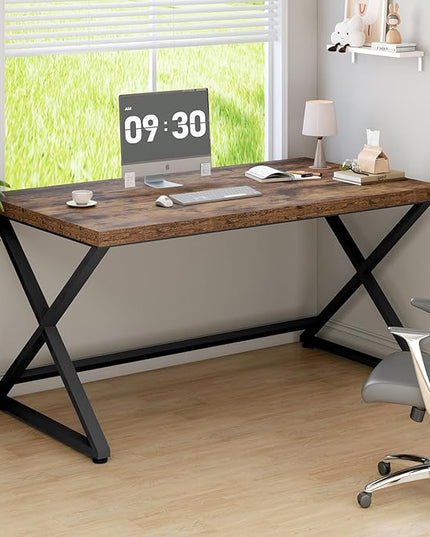IBF Rustic Computer Desk, Industrial 47” Home Office Desk, Farmhouse Wood Metal Work Desk for Writing Study, Vintage Minimalist Executive Workstation PC Gaming Table in Bedroom, Rustic Brown