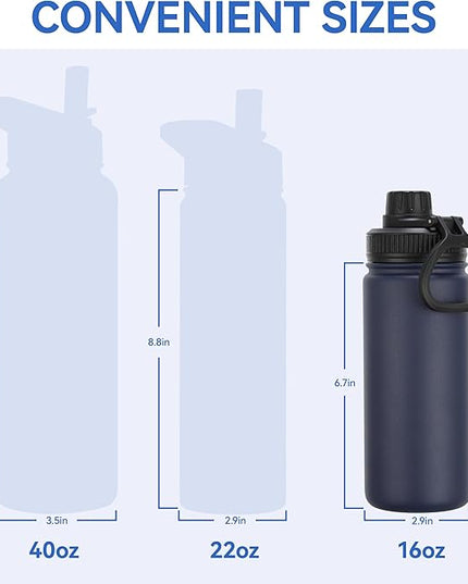 DOMICARE 16 oz Kids Water Bottle for School Stainless Steel Double Wall Vacuum Insulated Water Bottle with Straw lids & Spout Lid, Leakproof BPA Free (Navy,8)