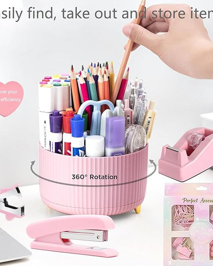 suniya Office Supplies,Desk Accessories,with Stapler,Tape Dispenser,Staple Remover,Scissor,Ballpoint Pen,Sticky Notes,Clear Tape,Staples,Desk Organizer,Ruler,Binder,Best Gift Set(Pink)