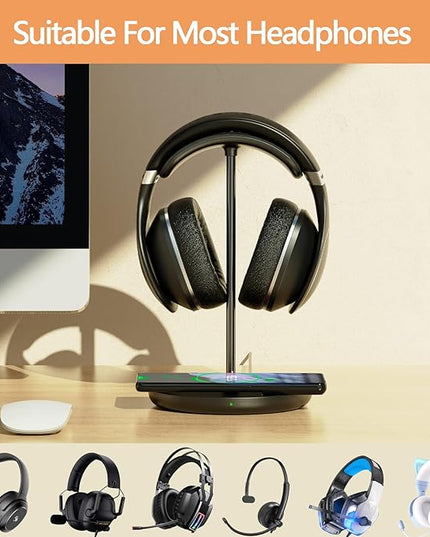 Headphone Stand with Wireless Charger, Gaming Headset Holder Hanger Rack 2 IN 1 Wireless Charging Station Dock for iPhone 15/14/13/12/11 Series, Samsung, AirPods Pro/3/2 and Desk All Headphones, Black