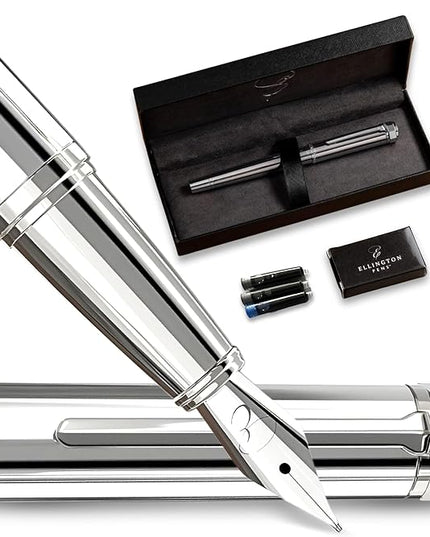 Ellington Pens Luxury Fountain Pen Set - Smooth Fine Nib- Includes 3 Ink Cartridges, Refillable Ink Converter, Gift Box- Fountain Pens For Writing, Calligraphy, Journaling, Sketching (Silver Sonata)