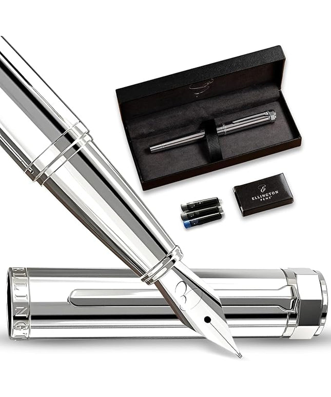 Ellington Pens Luxury Fountain Pen Set - Extra Fine Nib- Includes 3 Ink Cartridges, Refillable Ink Converter, Gift Box- Fountain Pens For Writing, Calligraphy, Journaling, Sketching (Silver Sonata)