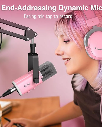 FIFINE XLR Gaming Microphone USB, PC Dynamic Microphone Kit for Vocal, Recording, Podcast, Streaming RGB Mic with Headphone Jack, Mute Button, Boom Arm Stand for Computer/Mixer-AmpliGame AM8T Pink