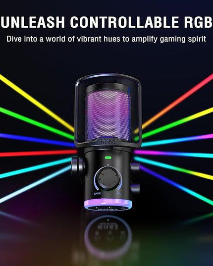 FIFINE USB Streaming Microphone Kit for Gaming, Condenser Mic with RGB, Noise Cancellation, Game/Chat Dial-Plug & Play for PC Twitch/YouTube/Podcast, Includes Boom Arm & Pop Filter-AmpliGame AM6T