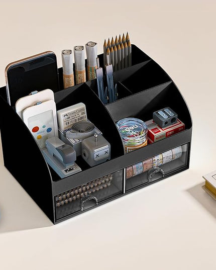 Desk Organizer with 6 Compartments and 2 Drawers, Plastic Makeup Organizer, Pen Holder for Desktop Storage, Desk Organization for School, Home, Office Supplies (Black)
