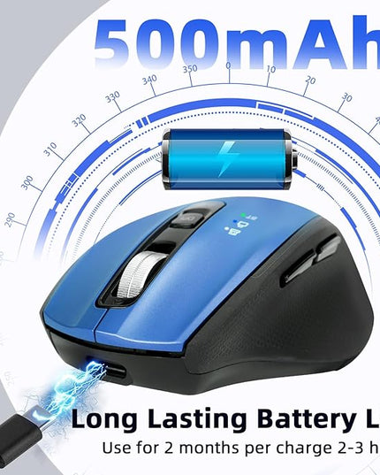 Wireless Mouse with Bluetooth, USB A, USB C Receiver, Rechargeable, Full Size Mouse, Ergonomic, Silent, for MacBook/Laptop/Computer/PC/iPad-Blue