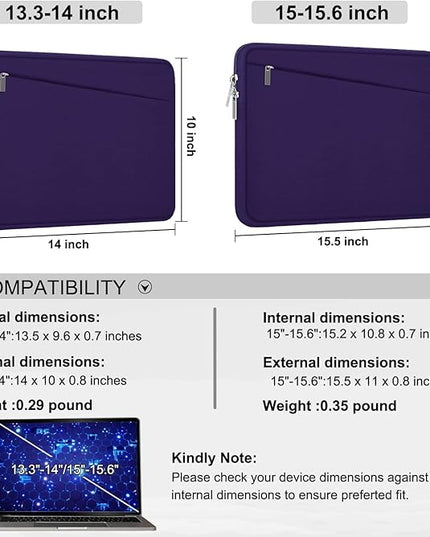 15.6 inch Laptop Sleeve, Durable Carrying Bag Protective Case Briefcase Handbag with Front Pocket, Slim Computer Cover for 15-16 Inch HP, Dell, Lenovo, Asus, Notebook, Purple