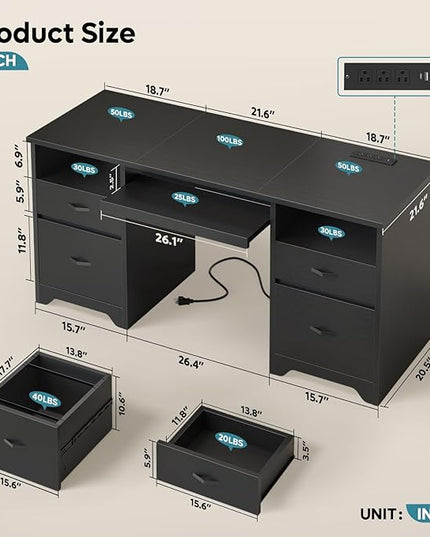 Bestier 59” Computer Desk with 4 Drawers, Office Desk with Storage, Modern Executive Desk with Charging Station, Keyboard Tray & Wooden Pedestals on Both Sides for Home Office & Studio, Black