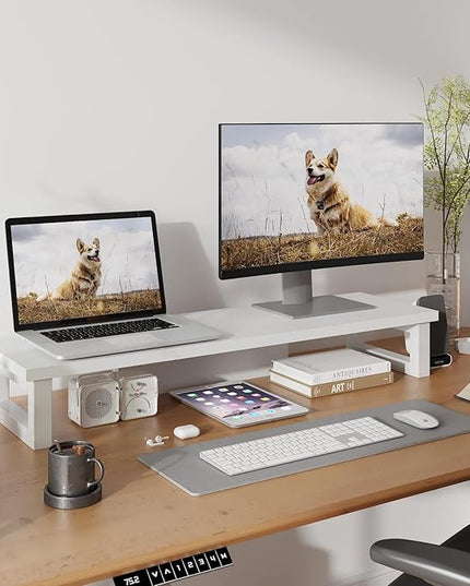 WESTREE Dual Monitor Stand Riser, Wood and Steel Monitor Stand Riser, Computer Monitor Stand for 2 Monitors, Multi-Purpose Desktop Storage Stand for Computer,Laptop,Printer,TV