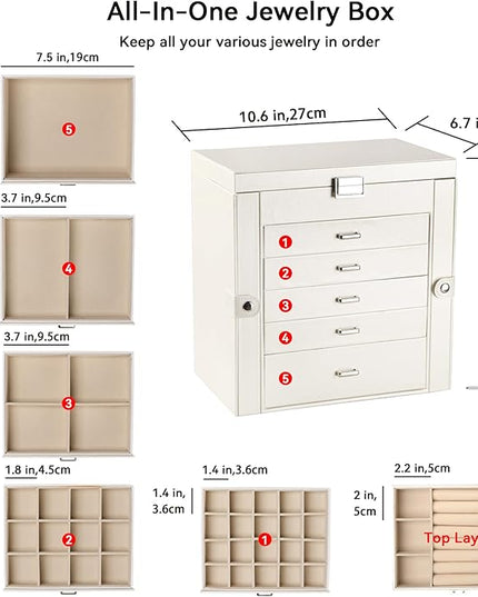 Frebeauty Large Jewelry Box,6-Tier PU Leather Jewelry Organizer,Multi-functional Storage Case with Mirror,Accessories Holder with 5 Drawers for Necklace Bracelets Watches(Pearl White)