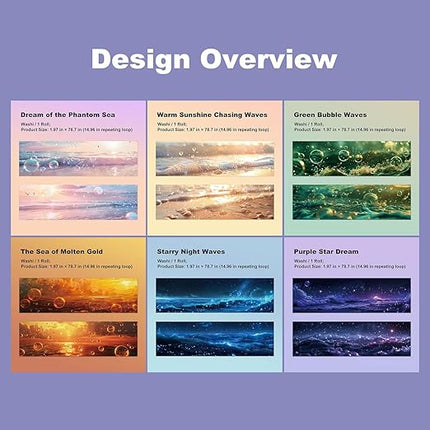 AuriicLeaf Ocean Fantasy Washi Tape Set – 6 Rolls with Dreamy Sunset, Wave and Bubble Patterns for Scrapbook, Journal, DIY Cards, with Mini Clip