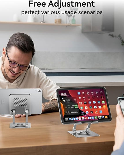 JUANWE Tablet Stand Holder with 360° Rotating Base, Adjustable Foldable iPad Stand, Aluminium Tablet Holder for Desk, Compatible with iPad Pro/Air//Mini, Switch, iPhone15 and More (4-13 inch)