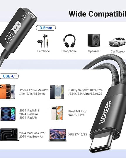UGREEN Magnetic USB C to 3.5mm Audio Adapter and Charger 2 in 1 Hi-Res 32bit/384kHz Aux to USB C with PD 60W Fast Charging Dongle Cable for iPhone 17 Pro Max, Switch 2, Galaxy S25Ultra, iPad Pro