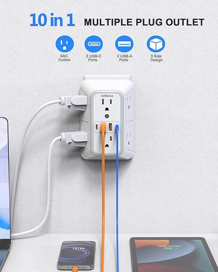 2 Pack Outlet Extender Surge Protector, 6 Outlet Splitter with 4 USB Outlet (2 USB A,2 USB C), 3Sided Power Strip with Adapter Spaced Outlets for Home, Office, Travel(White)