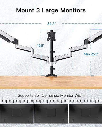 HUANUO Gaming Triple Monitor Stand, Full Motion Articulating Triple Monitor Mount Fit 17 to 32 inch Flat/Curved LCD Computer Screens with Clamp, Grommet Kit, Silver