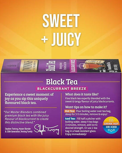 Twinings Blackcurrant Breeze Black Tea Individually Wrapped Bags, 20 Count (Pack of 6), Sweet, Tangy Taste, Caffeinated, Enjoy Hot or Iced, 120 Teabags