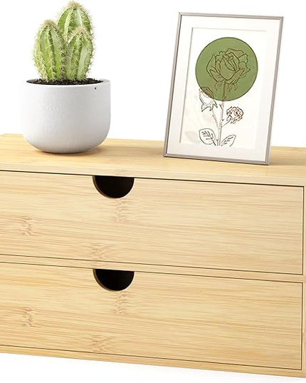 Bamboo Desk Organizer with Drawers - Small Desktop Storage Container for Countertop & Tabletop - No Assembly Required