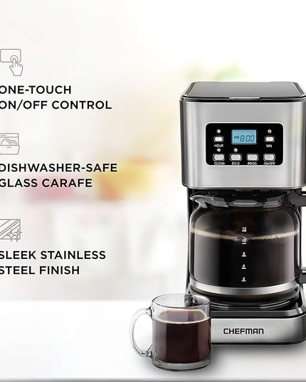 Chefman 12-Cup Programmable Coffee Maker, Electric Brewer, Auto Shut Off, Digital Display w/Auto-Brew Function, Anti-Drip Pot, Reusable Filter for Fresh Grounds, Square Stainless Steel, Glass Carafe