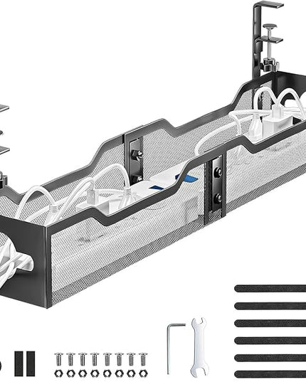 Under Desk Cable Management Tray Black, Litwaro Cable Management Under Desk No Drill, 25'' Cable Tray with Clamp for Wire Management, Cord Organizer for Office, Home - No Damage to Table