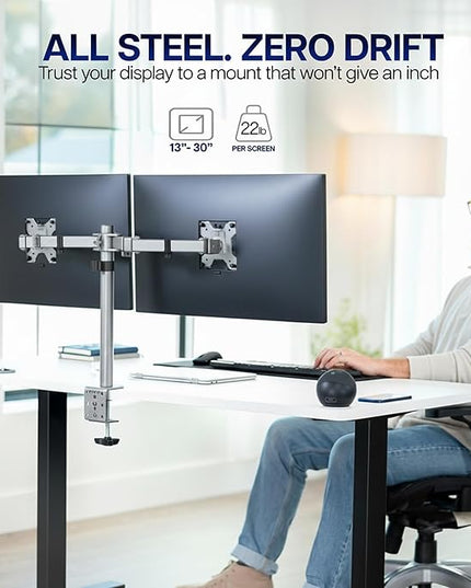 VIVO Dual Monitor Desk Mount, Heavy Duty Fully Adjustable Steel Stand, Holds 2 Computer Screens up to 30 inches and Max 22lbs Each, Gray Color, STAND-V002-GY