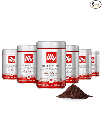 illy Ground Espresso Coffee, Classico Medium Roast, 100% Arabica, Premium Italian Coffee, Pre-Ground for Espresso Machines, 8.8oz, 6 Pack
