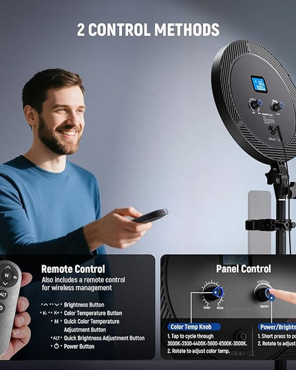 NEEWER Basics 12" 24W Large Ring Light with 68" Stand/Phone Holder/Remote for iPhone Video Recording Selfie Streaming Makeup Studio Photography, 3000K-6500K CRI98 Full Screen LED Panel Lighting, BR13