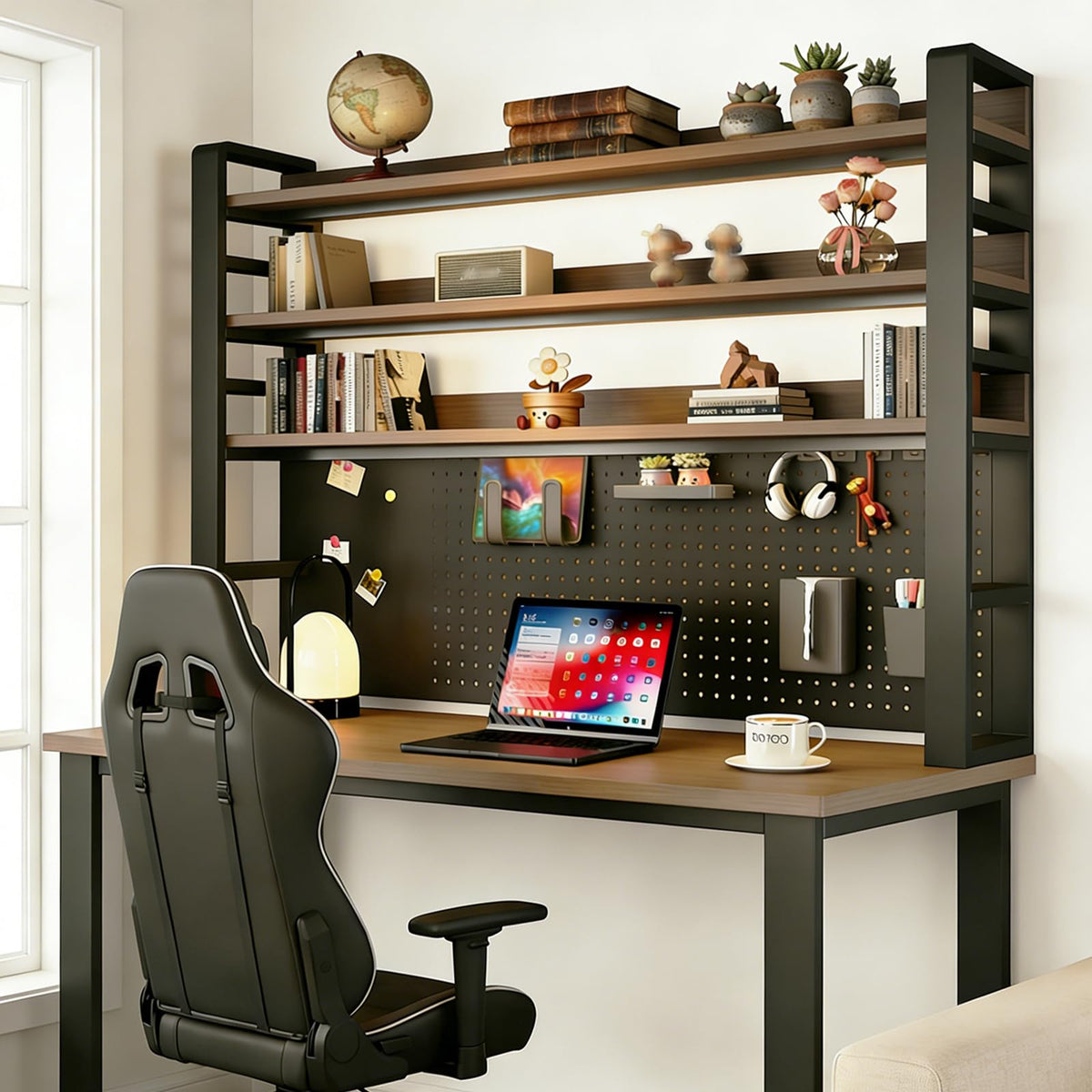 LINLIUA 2/3/4 Tier Desk Hutch, Metal Desk Shelf with Pegboard, Desk Shelves for Top of Desk, Freestanding Desktop Bookshelf, Desktop Shelf Organizer Display Rack for Dorm Office and Home