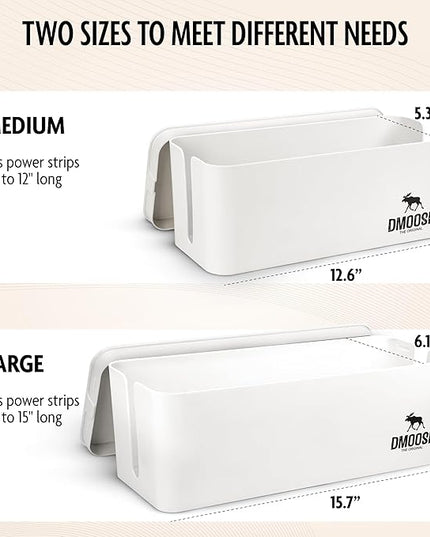 DMoose Cable Management Box - 2 Pack Medium & Large Cord Organizer for Desk & Floor - Cable Organizer Box for Child & Pet - Cable Box Hider for Tidy Office & Home, Power Strip Cover (White, Pack of 2)