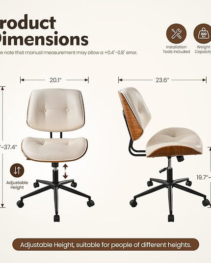 Home Office Desk Chair, Modern Sleek Office Chair with Adjustable Lumbar Support, Adjustable Height Mid Back Executive Task Chair with 360 Rolling Swivel for Meeting Study Room(Button,White)
