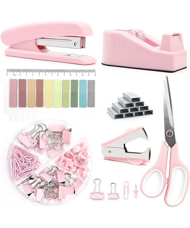 Pink Office Supplies, UPIHO Pink Desk Accessories, Stapler and Tape Dispenser Set for Women with Stapler, Tape Dispenser, Staple Remover, Staples, Clips, Scissor and Tabs,Gift for Students, Coworkers