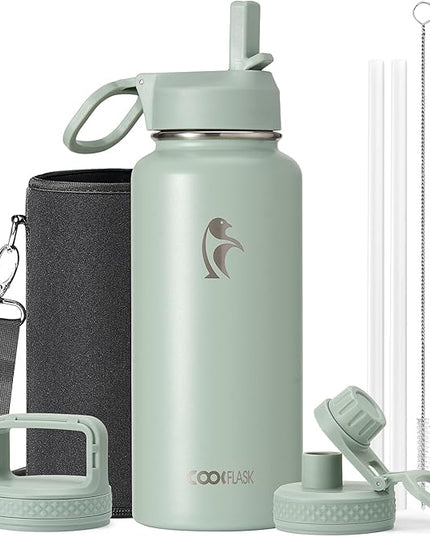 Coolflask Water Bottle 32 oz Insulated with Straw, Stainless Steel Metal 3 Lids Water Flask Wide Mouth for Sports or Office, Non-BPA Keep Cold Up to 48 Hrs or Hot Up to 24 Hrs, Grey Green