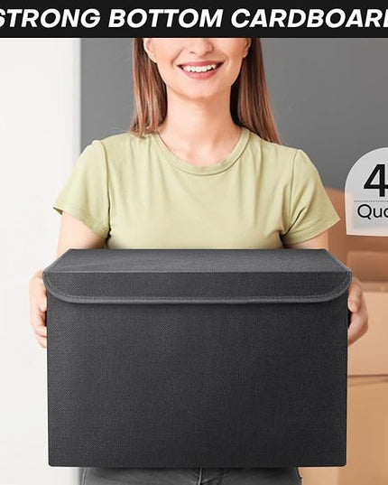 Large 17" 42 Quarts Collapsible Stackable Storage Bins with Lids [3-Pack] Foldable Fabric Linen Storage Boxes Cube, Closet Organizer Baskets with Label (16.7 x 12 x 12, Black)