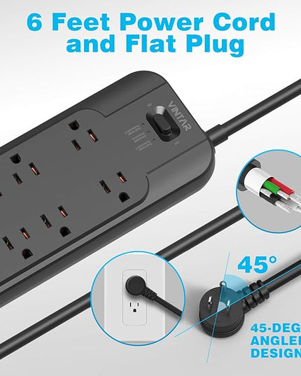 VINTAR Power Strip Surge Protector (2 × 4800 Joules) with 12 AC Outlets,1875W Output, 6ft Long Extension Cord Flat Plug with Dual Surge Protection for Office, Home, ETL Listed, Black