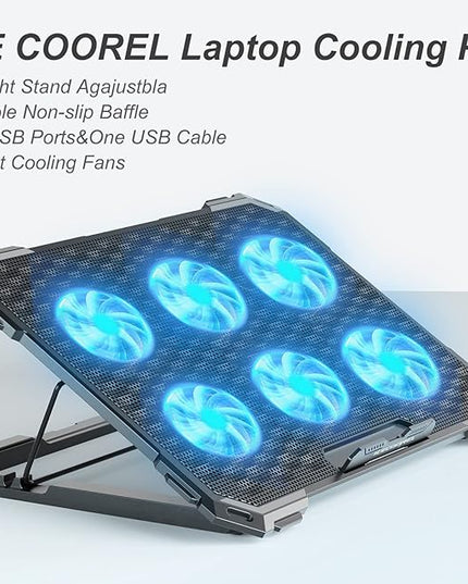 ICE COOREL Laptop Cooling Pad with 6 Cooling Fans, Cooling Pad for Laptop Fan 13-15.6 Inch, Laptop Cooler Stand with 6 Height Adjustable, Notebook Cooler Pad with Two USB Port