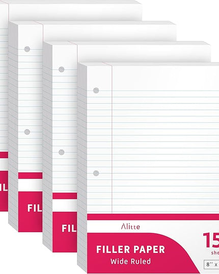 Alitte Loose Leaf Paper, Wide Ruled, 600 Sheets (150/Pack) Filler Paper for Writing Notes - School, College, Office - 3 Hole-Punch Lined Sheets for Ring Binders, Pocket Folders - White, 8 x 10.5