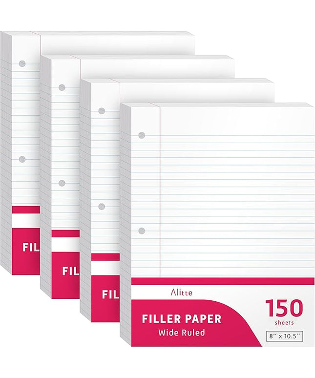 Alitte Loose Leaf Paper, Wide Ruled, 600 Sheets (150/Pack) Filler Paper for Writing Notes - School, College, Office - 3 Hole-Punch Lined Sheets for Ring Binders, Pocket Folders - White, 8 x 10.5