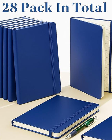Laumoi 28 Pack PU Leather Lined Notebook Journal Bulk A5 Hardcover Notebook College Ruled 5.5 x 8.2 Inch Journal with Pen Holder for School Business Work Writing(Navy Blue,Simple)