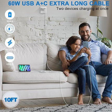10FT iPhone 17/16e Fast Charger,2Pack 20W Dual Port USB C+A Power Adapter 10Foot Long USB C to C Fast Charging Cable Cord Quick Charging for iPhone 17 Air/17 Pro/17 Pro Max/16/16 Pro/15/15 Pro/Pro Max