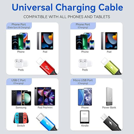 Multi Charging Cable, [2Pack 6Ft] 4 in 1 Braided Multi Fast Charging Cord, Multiple Charger USB Cable Adapter IP/Type C/Micro Port for Cell Phones,iPhone Series, Tablets, Samsung Galaxy, PS & More