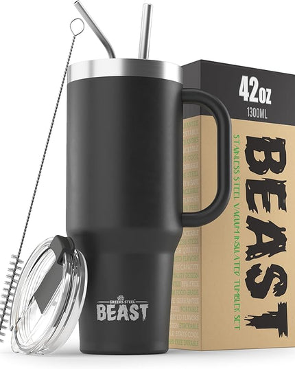 Beast 42 oz Tumbler with Handle Stainless Steel Vacuum Insulated Coffee Ice Cup Double Wall Travel Flask (Matte Black)