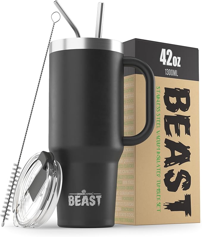 Beast 42 oz Tumbler with Handle Stainless Steel Vacuum Insulated Coffee Ice Cup Double Wall Travel Flask (Matte Black)