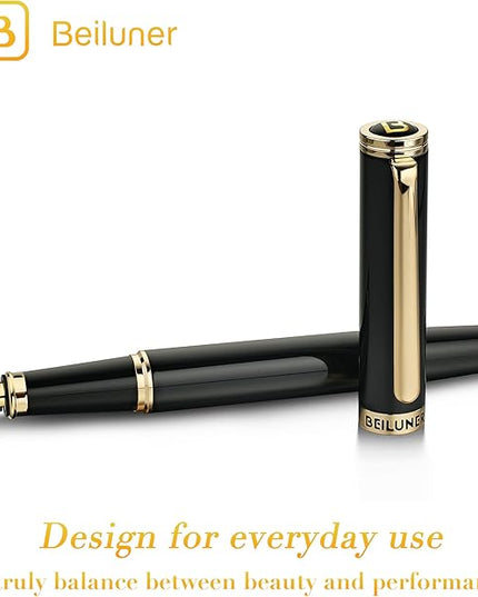 BEILUNER Black Fountain Pen,Stunning Luxury Pens with 24K Gold Accents, Gorgeous 24K Gilded Nib(Extra Fine), Fancy Pen Gift for Men&Women -Ink Converter-Elegant, Reliable,Christmas Presents, Nice Pen