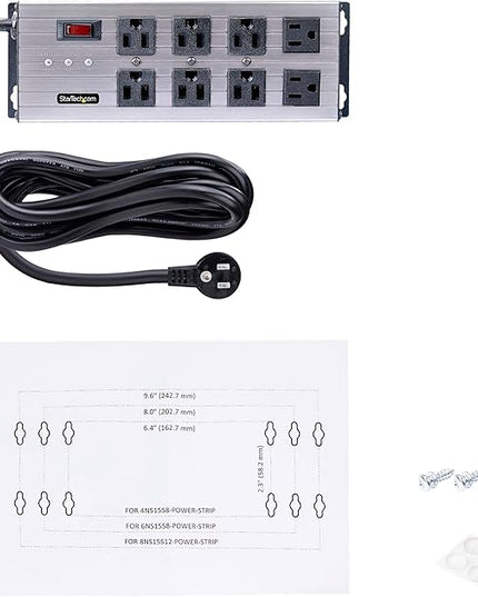 StarTech.com Flat Plug 8-Outlet Heavy Duty Industrial Power Strip 125V/15A with Surge Protector, EMI/RFI Isolation, Mountable PDU, 12ft/3.6m Extension Power Cord, NEMA 5-15P/R, TAA