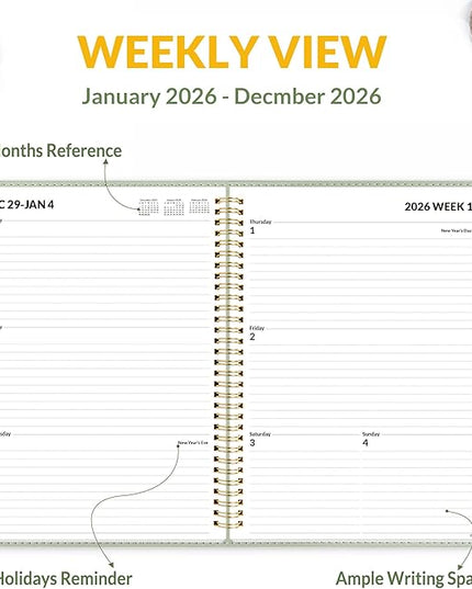 SUNEE 2026 Planner, Weekly and Monthly Calendar Planner 9"x11.2"- 12 Month (January 2026 - December 2026), Vegan Leather Cover, Pocket, Bookmark, Notes, Monthly Tab, Sage Green