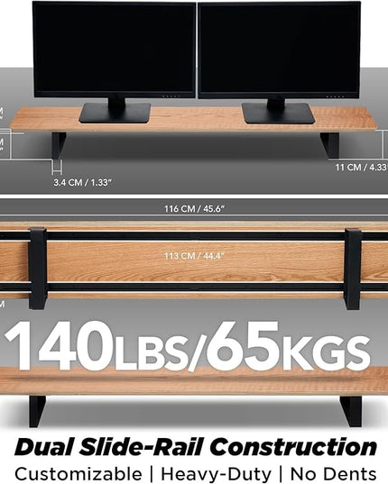 Moodular Wooden Monitor Stand 45.6” (116cm) Large Desk Organizer with Metal Slide Rails for Drawer, Tray, Laptop, Tablet, Phone & Headphones Customizable Riser for Organized Workspace Oak
