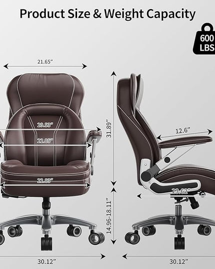 Big and Tall Office Chair, 600lbs Heavy Duty Desk Chair with 5D Arms, Adjustable Lumbar Support & Height, Tilt Function, PU Leather High Back Ergonomic Executive Computer Chair with 3'' Silent Casters