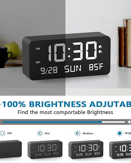 Fomobest Wooden Digital Alarm Clock for Bedroom - Desk Clock with Date, Day of Week, Temperature, Dual Alarms, Dimmer, USB Port Charge, DST, Adjustable Volume for Living Room/Office Wood Decor (Black)