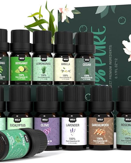 MISIJI Essential Oils Set Top 12 Aromatherapy-Essential Oils for Diffuser for Home,Air Freshening Diffuser Oils Scents for Aromatherapy,Laundry,Candle&Soap Making,Humidifiers 12 X 5ML