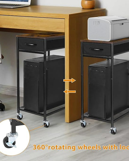 YBING Computer Tower Stand PC Tower Stand with Storage Drawer Mobile CPU Holder Stand with Caster Wheels 2 Tier Rolling Computer Tower Cart for Home Office Fax, Rustic Brown